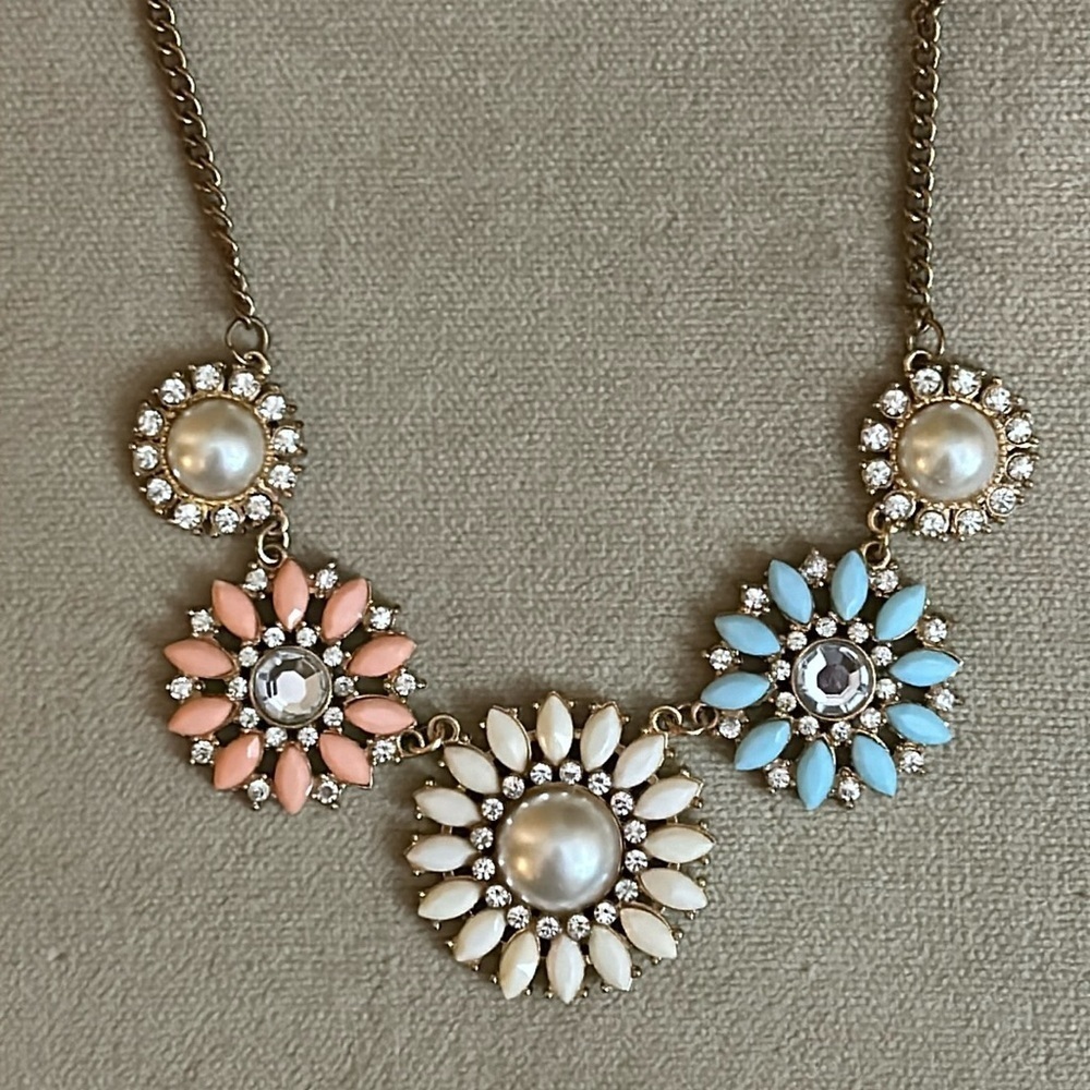Pink, Blue & White Faux Diamond & Pearl Floral Statement Necklace